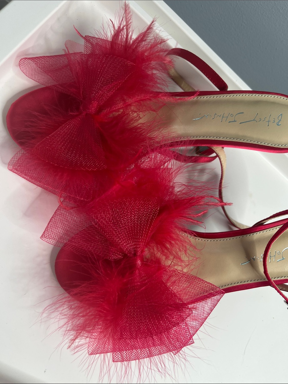 Betsey Johnson Lotty Red Satin Feather Stiletto Sandals Size 8 - Picture 3 of 6